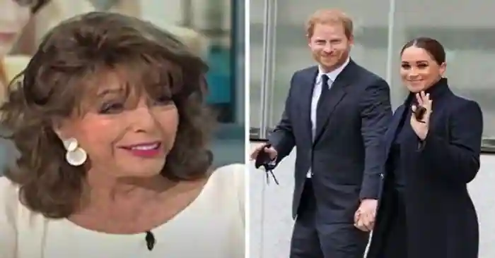 Meghan Markle and Prince Harry are criticised by Joan Collins for travelling to the UK.